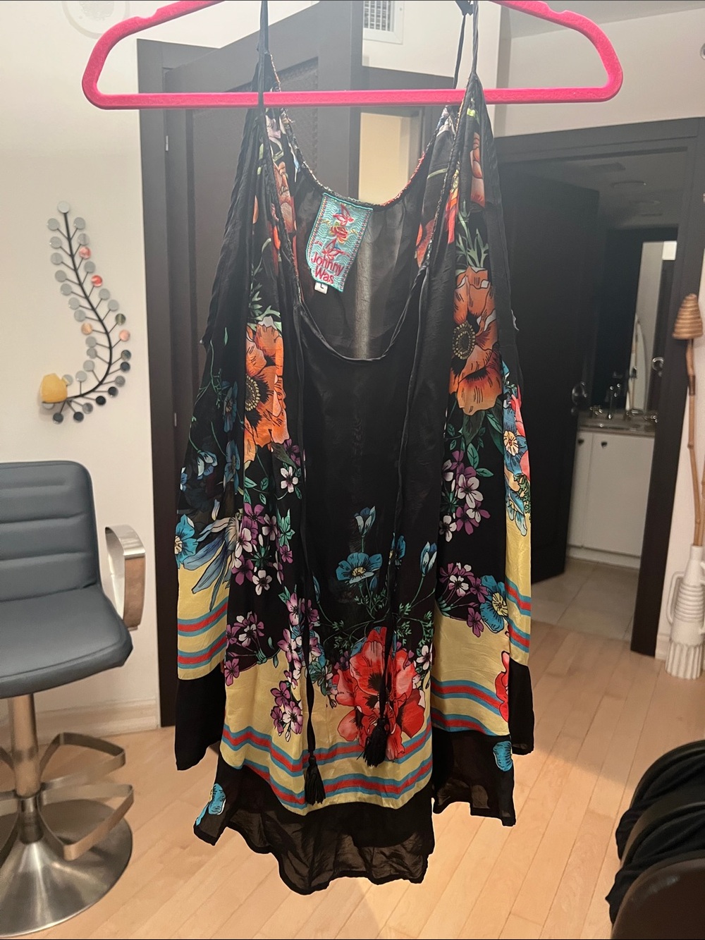 Johnny Was Black Strapless Floral Slip Dress with Orange & Blue Blooms